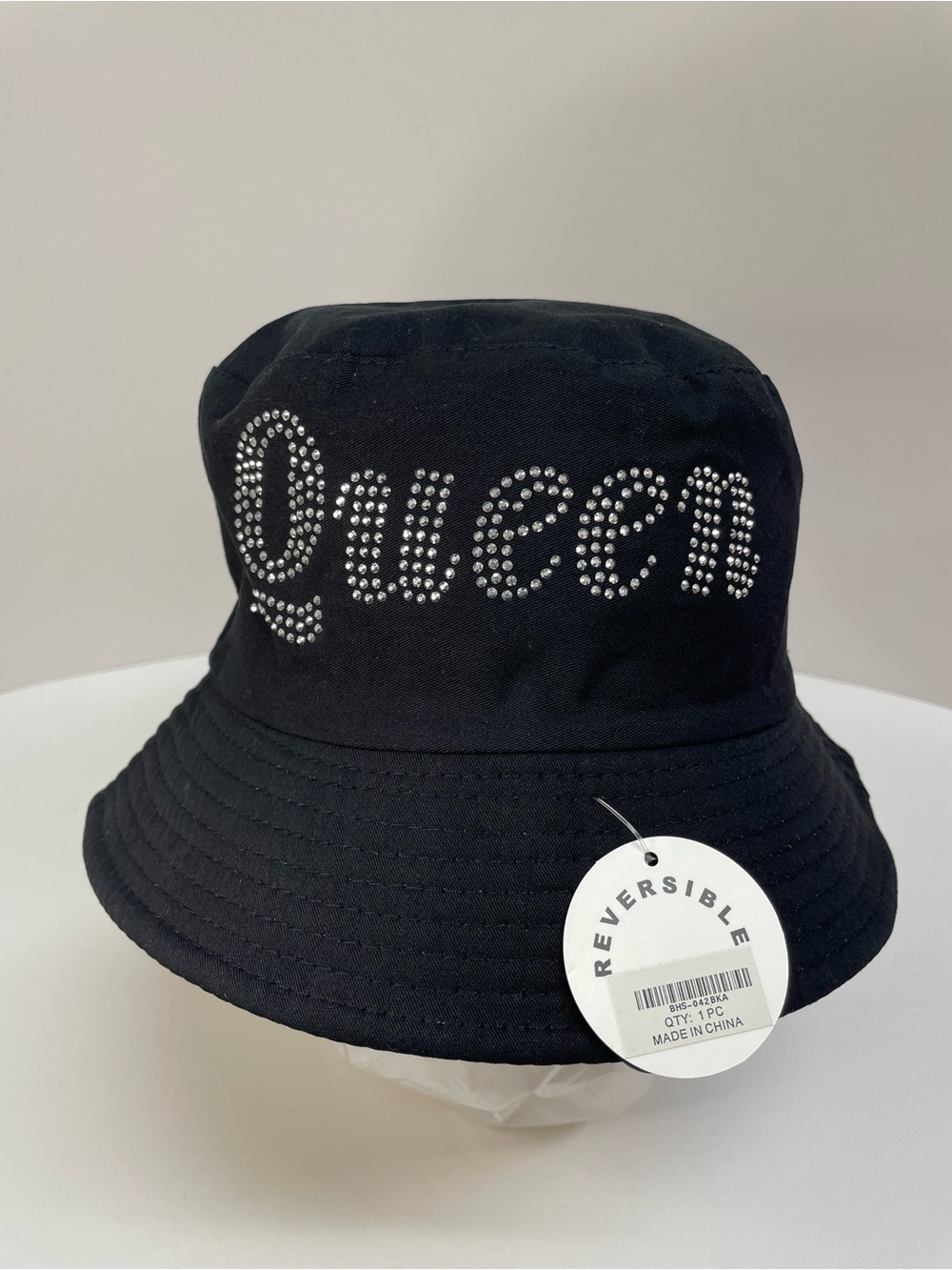 Black Bucket Hat Rhinestone "Queen" Reversible